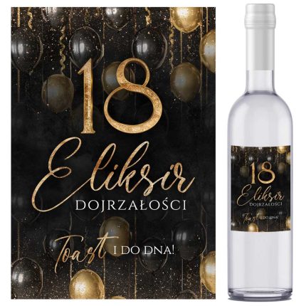 naklejki na butelki urodziny 18 osiemnastka czarne złote balony