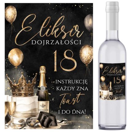 naklejki na butelki urodziny 18 osiemnastka czarne złote balony