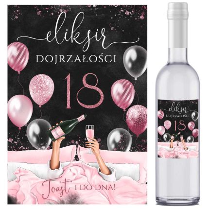 naklejki na butelki urodziny 18 osiemnastka czarne róż balony szampan