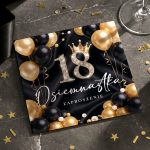 Elegant 18th birthday invitation card with gold and black balloons, a jeweled crown, and script '18' on a dark satin background (Polish: Zaproszenie).