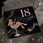 18th birthday invitation card with a cartoon woman lounging in a cocktail glass on a black glittery background.