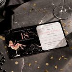 Invitation card for an 18th birthday party featuring a glamorous woman in a cocktail glass on a black, starry background; text in Polish mentions 18th birthday.